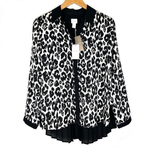 Chico’s Brianne Black White Leopard Pleated Long Sleeve Blouse size medium - Picture 1 of 5